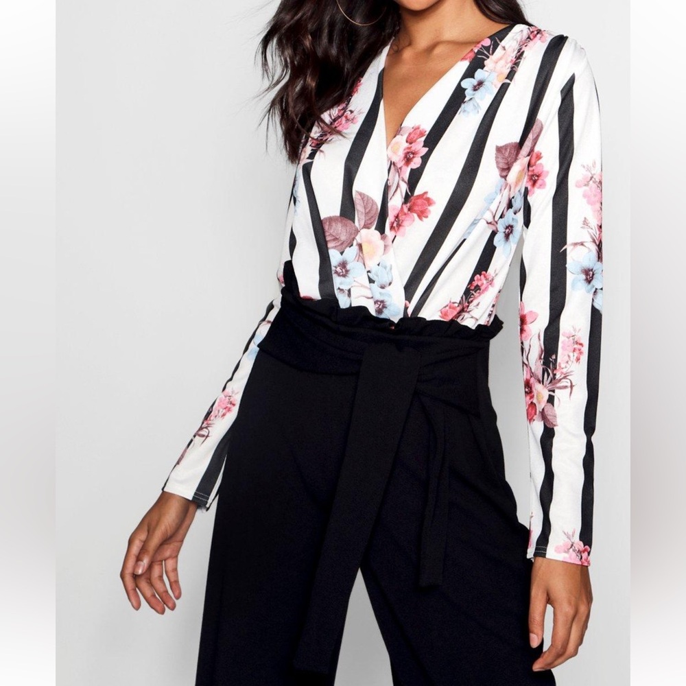 NWT Boohoo Floral & Stripe Wrap Bodysuit